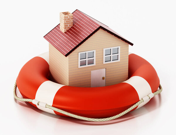 House inside life buoy isolated on white background. Insurance and safety concept. 3D illustration.