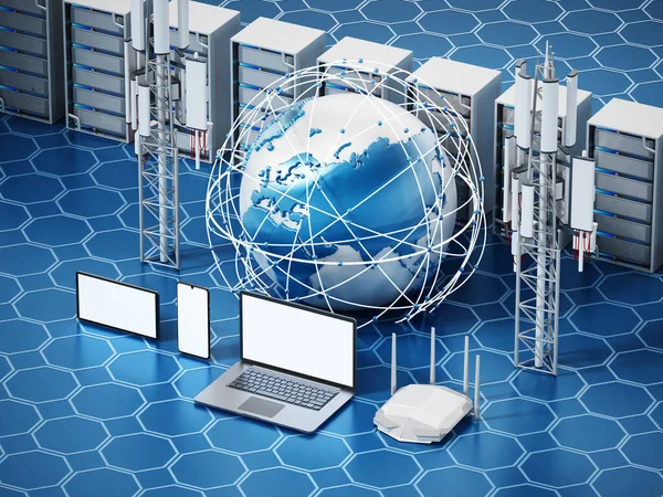 Global Network Smart Devices Globe Base Station Network Server Router — Stock Photo, Image