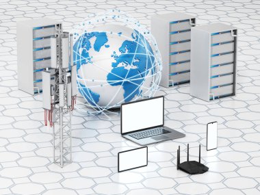 Global network. Smart devices, globe, base station, network server and router. 3D illustration.