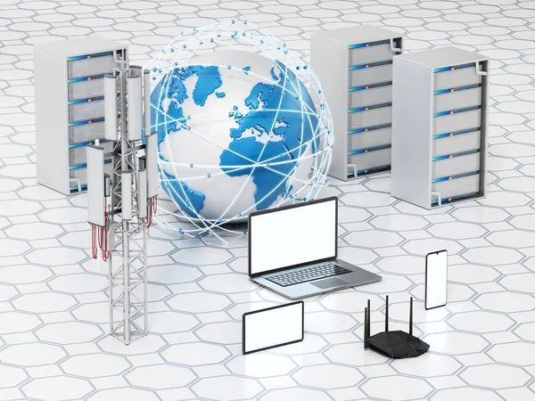 Global Network Smart Devices Globe Base Station Network Server Router — Stock Photo, Image