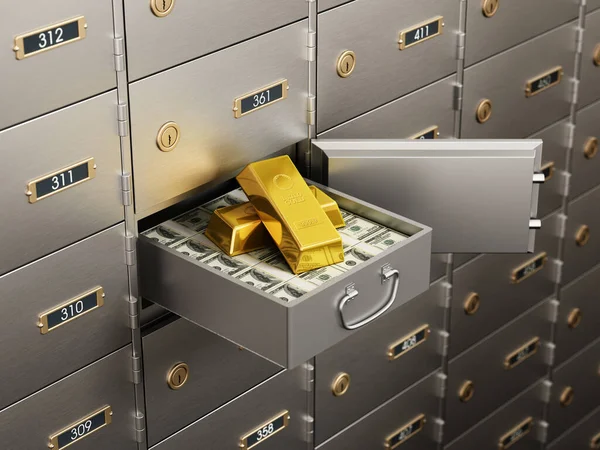 Open Bank Deposit Box Full Dollar Bills Gold Ingots Illustration —  Fotos de Stock