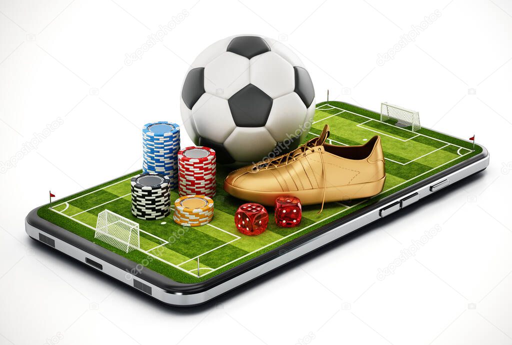Casino chips, soccer ball and dice standing on smartphone with football pitch. 3D illustration.