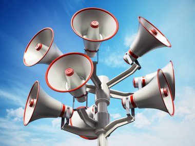 Megaphones in the pole. Public announcement concept. 3D illustration.