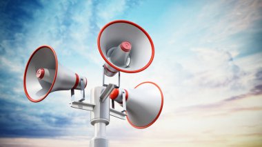 Megaphones in the pole. Public announcement concept. 3D illustration.