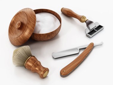 Retro shaving tools isolated on white background. 3D illustration.