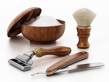 Retro shaving tools isolated on white background. 3D illustration.