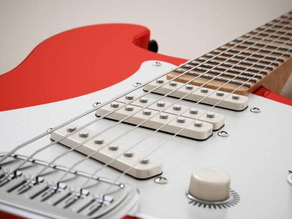 Electric guitar detail with DOF effect. 3D illustration.