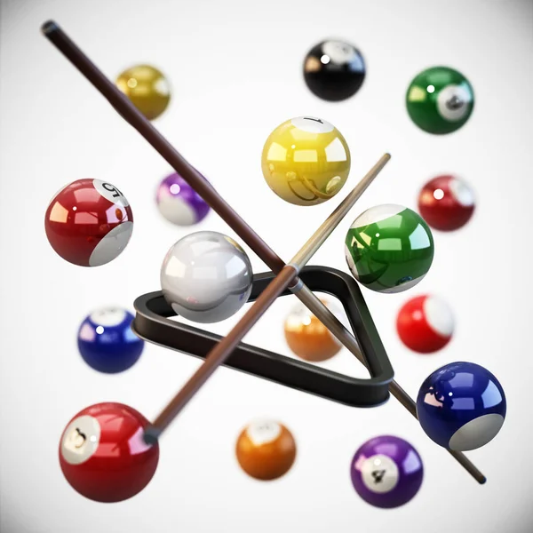 Pool Billiard Balls Cues Triangle White Background Illustration — Stock Photo, Image