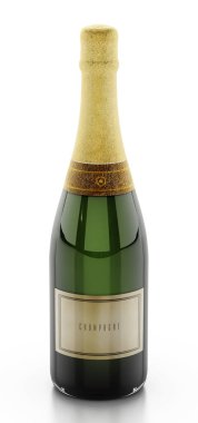 Beyaz arka planda izole edilmiş şampanya şişesi. 3B illüstrasyon.