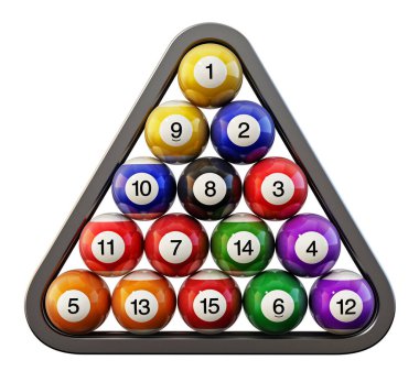 Bilardo ya da bilardo topu üçgeni içinde düzenlenir. 3B illüstrasyon.