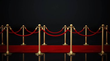 Red carpet and velvet ropes isolated on black background. Side view. 3D illustration. clipart