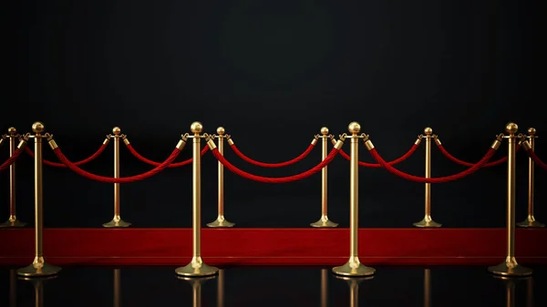 Red carpet and velvet ropes isolated on black background. Side view. 3D illustration.