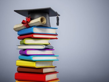 Mortarboard ve sertifika renkli kitapların üzerinde duruyor. 3B illüstrasyon.