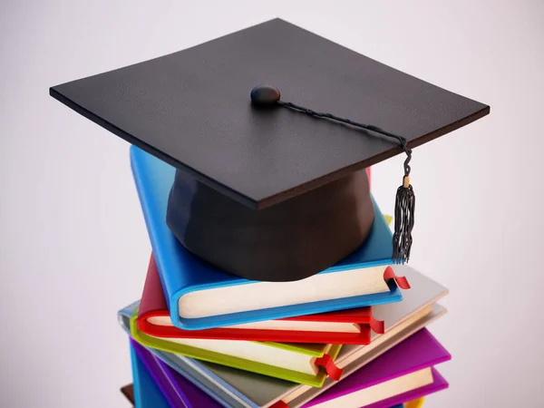 Mortarboard Står Stapel Färgglada Böcker Illustration — Stockfoto