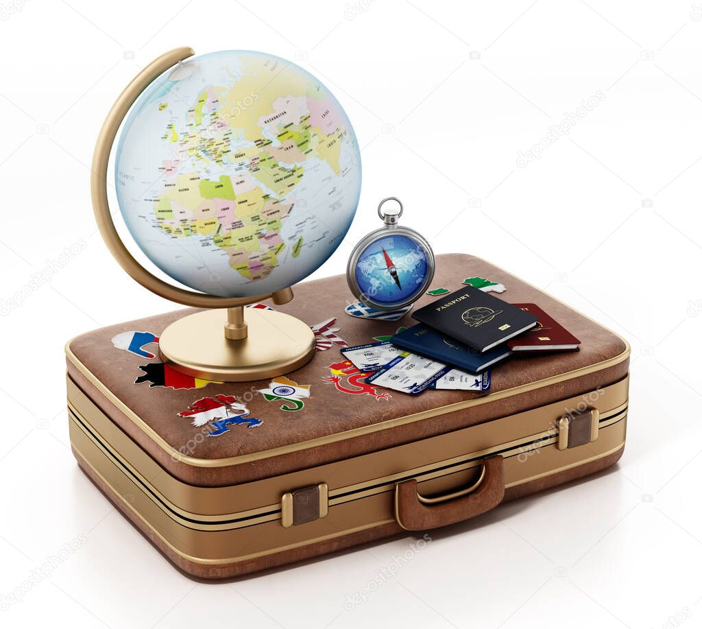 Globe model, compass,passports, tickets on the suitcase. 3D illustration.