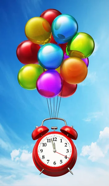 Red Alarm Clock Attached Colorful Balloons Illustration — Stock Photo, Image