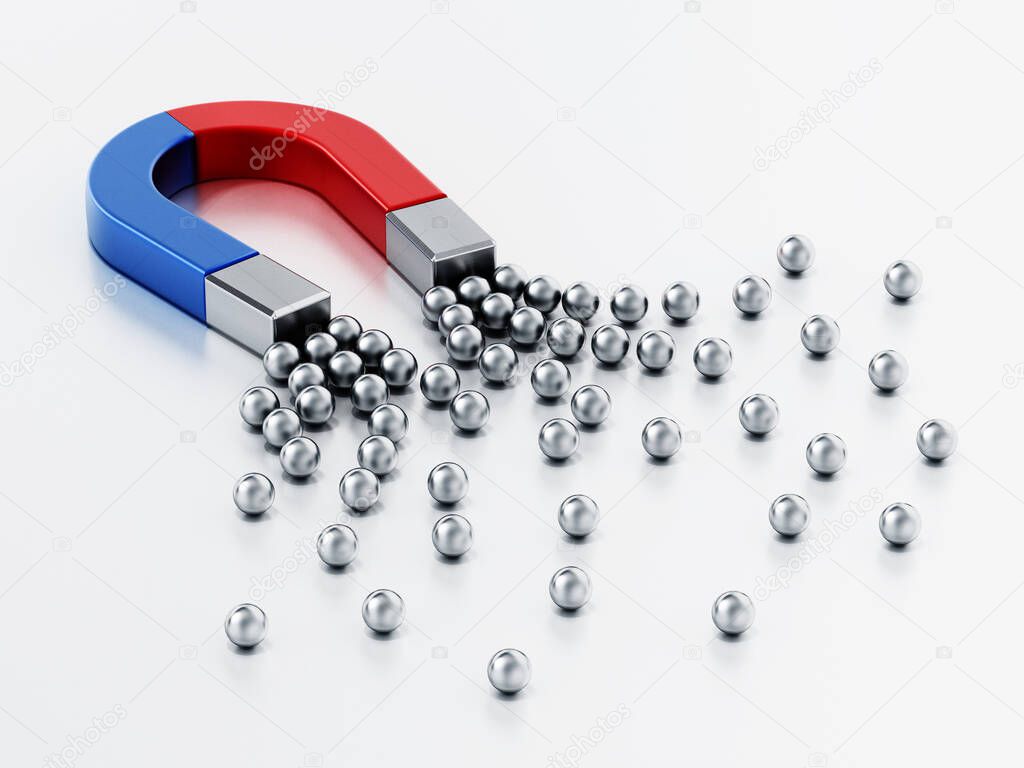 Horseshoe magnet attracts groups of metal spheres. 3D illustration.