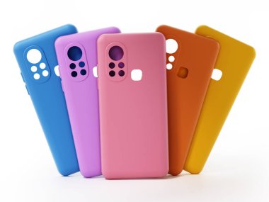 Silikon akıllı telefon kapakları beyaz arka planda izole edilmiş. 3B illüstrasyon.