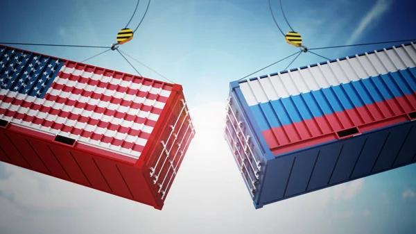 Clashing Cargo Containers Usa Russia Flags Illustration — Stock Photo, Image