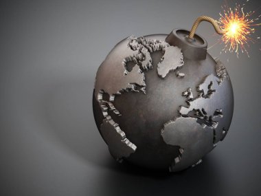 Dünya haritası yanan fünyeli bomba şeklinde. 3B illüstrasyon.