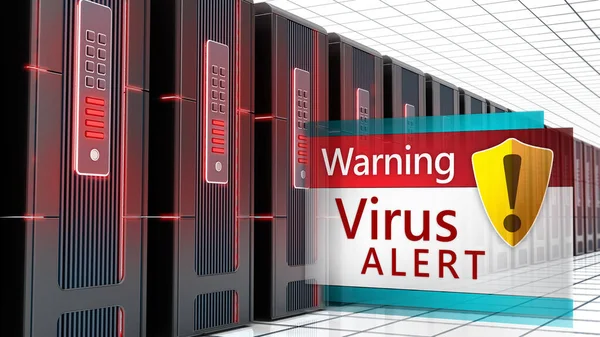 ウイルス警告メッセージがネットワークサーバー間で連続して表示されます 3Dイラスト — ストック写真