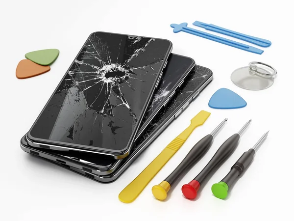Herramientas Reparación Smartphones Con Pantallas Rotas Aisladas Sobre Fondo Blanco — Foto de Stock