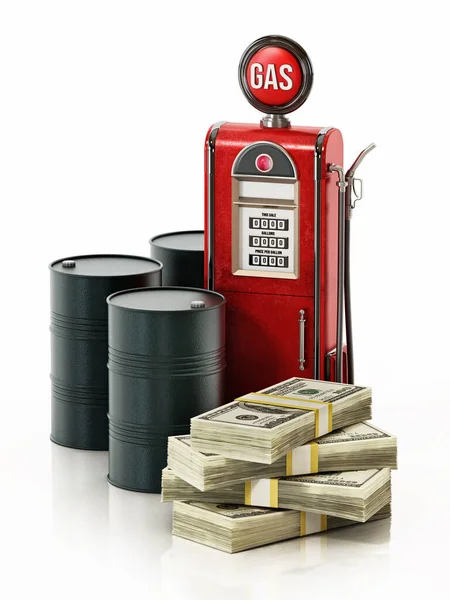 Retro Fuel Pump Oil Barrels Pile Dollar Bills Illustration — Stock Photo, Image