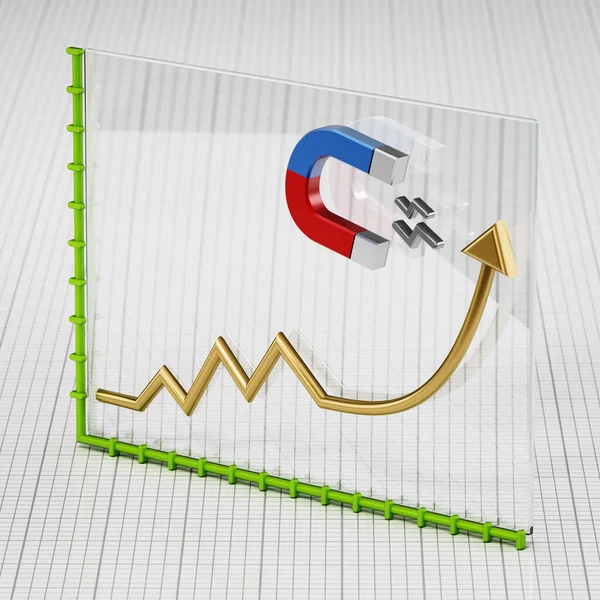 Horseshoe magnet pulling arrow symbol upwards on a business chart. 3D illustration.