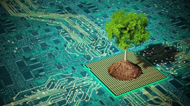 Yeşil yapraklı ağaç ve toprak PCB 'nin üzerinde duruyor. 3B illüstrasyon.