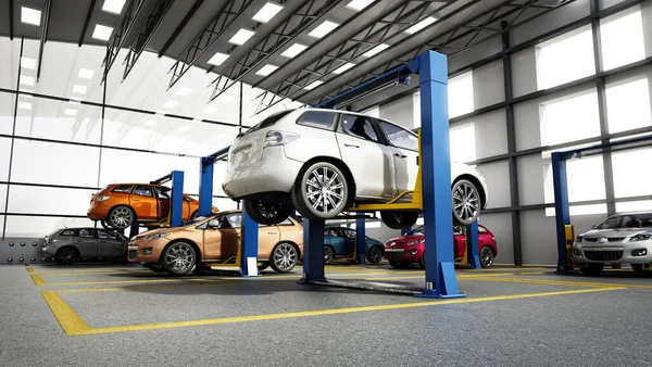 Otomobil tamirhanesi ya da asansörlü araba tamirhanesi. 3B illüstrasyon.