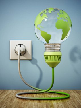 Dünya şeklindeki ampuller elektrik prizine takıldı. Sürdürülebilirlik kavramı. 3B illüstrasyon.