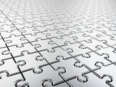 Büyük bir grup gümüş yapboz parçası. 3B illüstrasyon.