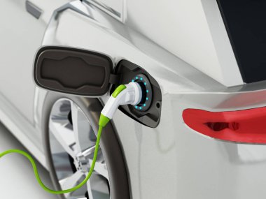 Elektrikli araba şarj istasyonuna bağlı. 3B illüstrasyon.