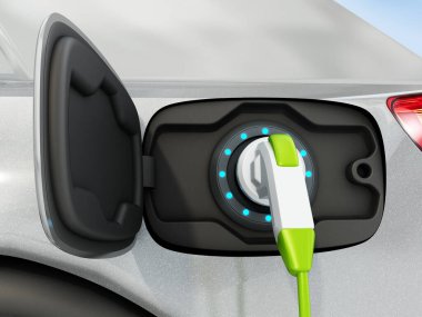 Elektrikli araba şarj istasyonuna bağlı. 3B illüstrasyon.