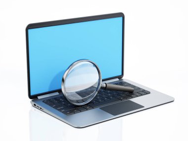 Beyaz zemin üzerinde büyüteç bulunan dizüstü bilgisayar. 3B illüstrasyon.