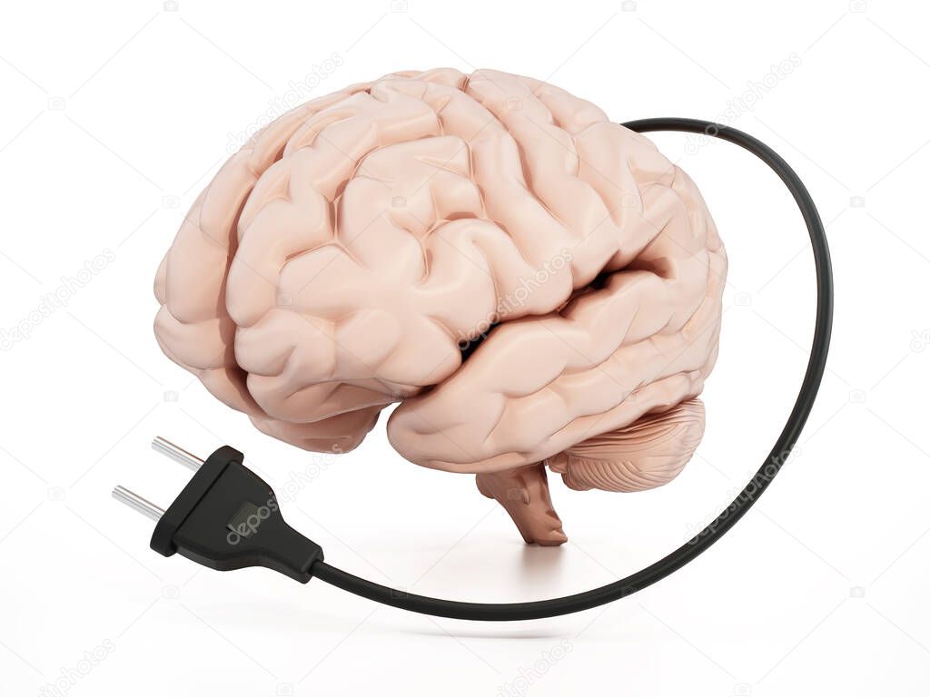 Human brain with electric plug. 3D illustration.