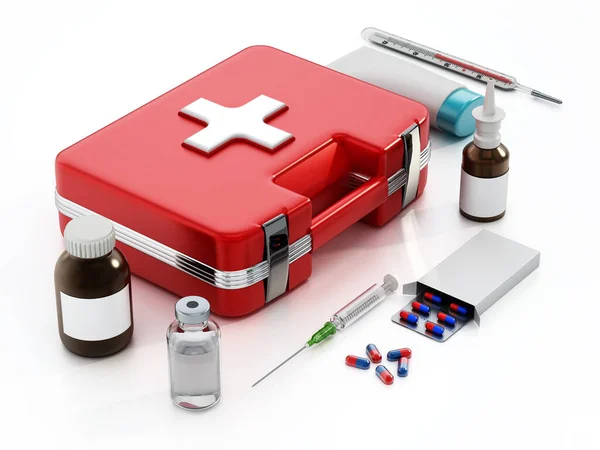 Yardım Çantası Tıbbi Aletler Ilaç Beyaz Arka Planda Izole Edilmiş — Stok fotoğraf