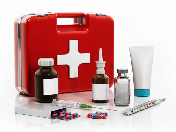 First aid kit, medical tools and medicine isolated on white background. 3D illustration.