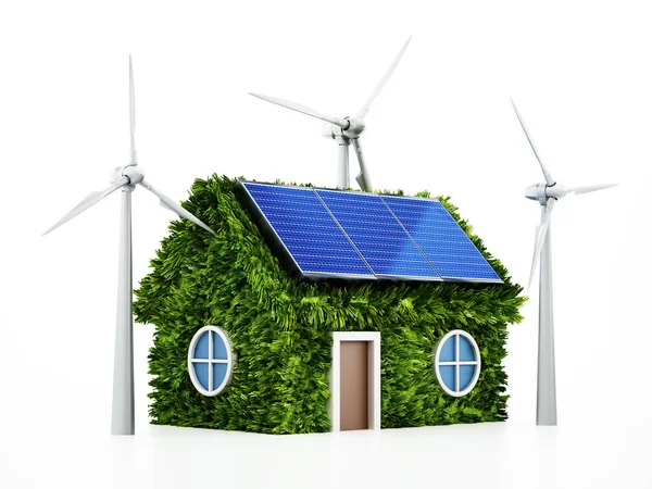 屋顶上有太阳能电池板和风力涡轮机的绿色房子 3D插图 — 图库照片