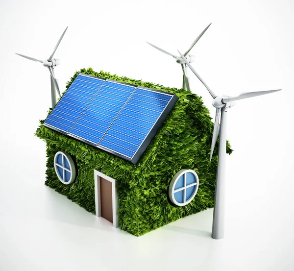 屋顶上有太阳能电池板和风力涡轮机的绿色房子 3D插图 — 图库照片