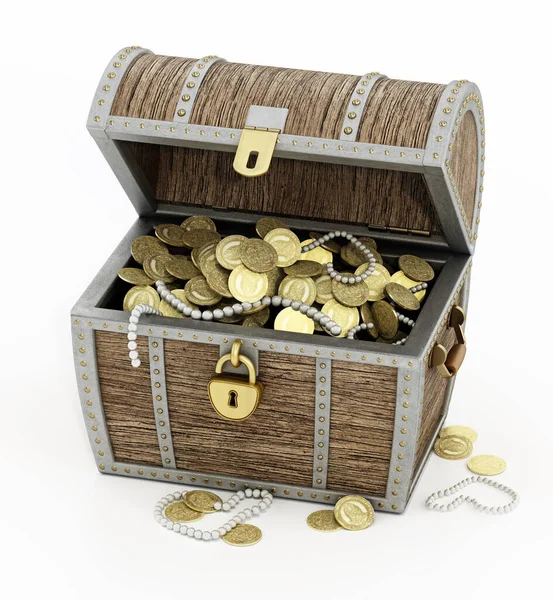 宝箱のアンティークゴールドコインと宝石の完全な白い背景に隔離されました 3Dイラスト — ストック写真
