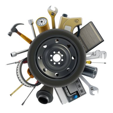 Arabanın yedek parçaları beyaz arka planda izole edilmiş. 3B illüstrasyon.