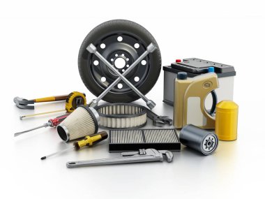 Arabanın yedek parçaları beyaz arka planda izole edilmiş. 3B illüstrasyon.