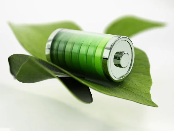 緑のフルバッテリーアイコンと緑の葉 3Dイラスト — ストック写真