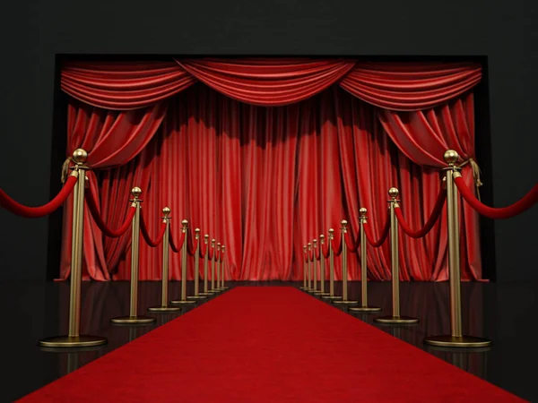 Red carpet and velvet ropes leading to the stage. 3D illustration.