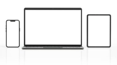 Laptop bilgisayar, akıllı telefon ve tablet bilgisayar beyaz arkaplanda izole edildi. 3B illüstrasyon.