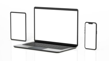 Laptop bilgisayar, akıllı telefon ve tablet bilgisayar beyaz arkaplanda izole edildi. 3B illüstrasyon.