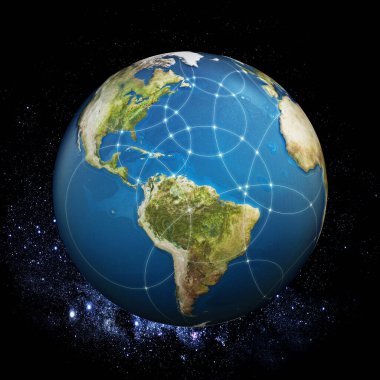 Uzayda kesişen dairelerle dolu bir dünya. 3B illüstrasyon.