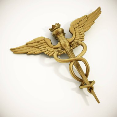 Beyaz arka planda izole edilmiş altın caduceus sembolü. 3B illüstrasyon.