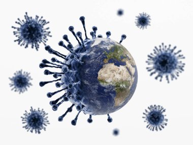 Virus with globe in one half. Global pandemic concept. 3D illustration.